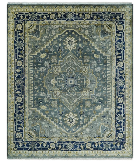 Custom Made Hand Knotted Beige and Blue Traditional Heriz Wool Area Rug