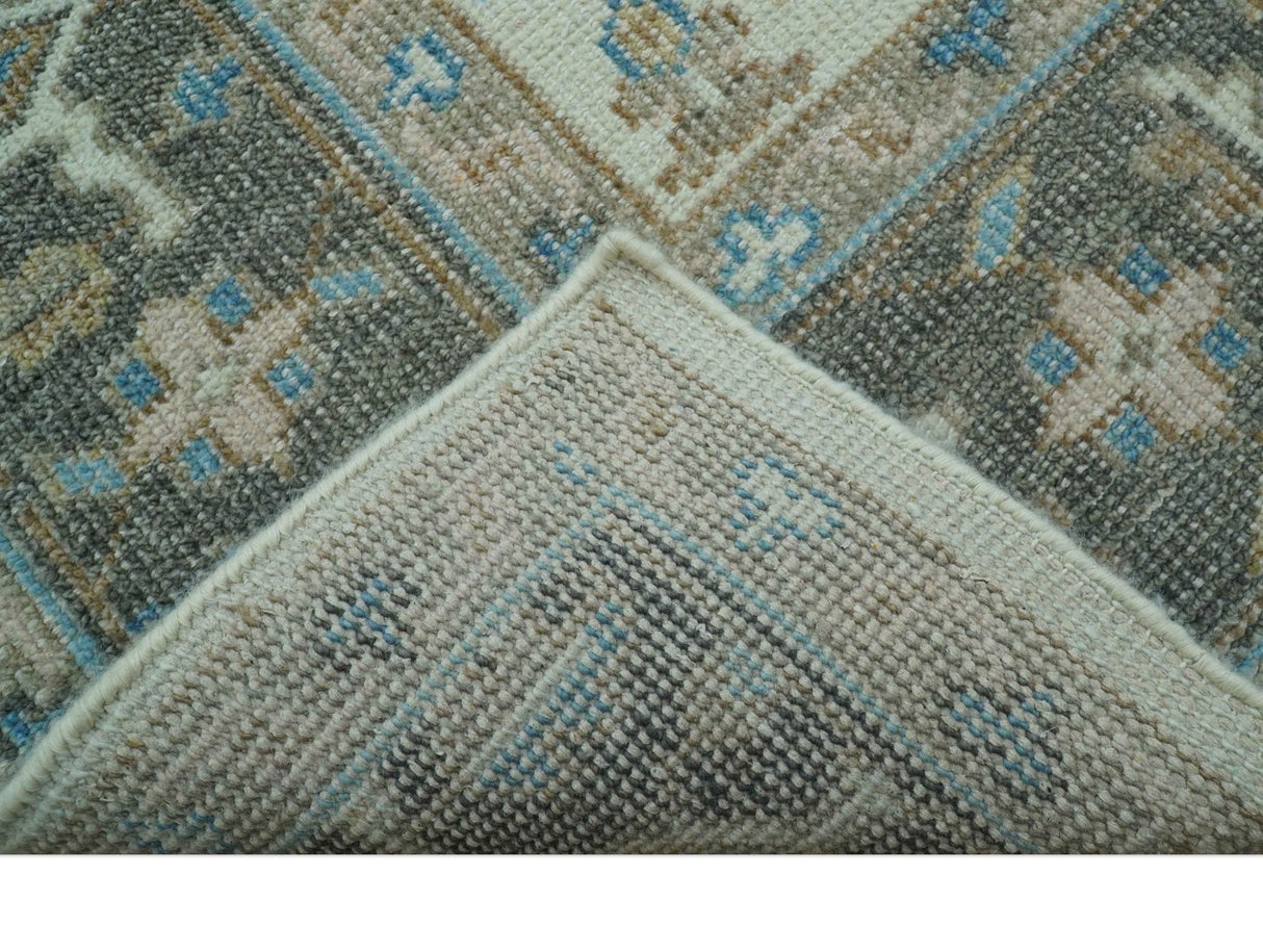 Custom Made Hand Knotted Beige and Blue Traditional Turkish Wool Area Rug