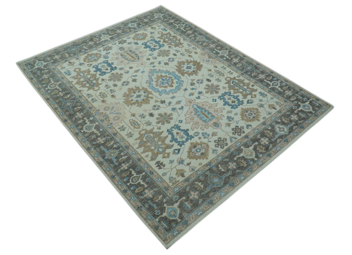 Custom Made Hand Knotted Beige and Blue Traditional Turkish Wool Area Rug