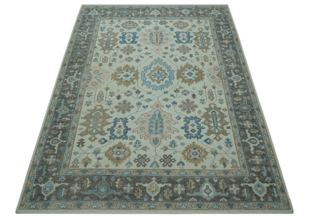 Custom Made Hand Knotted Beige and Blue Traditional Turkish Wool Area Rug