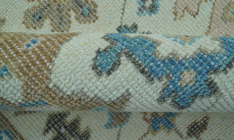 Custom Made Hand Knotted Beige and Blue Traditional Turkish Wool Area Rug