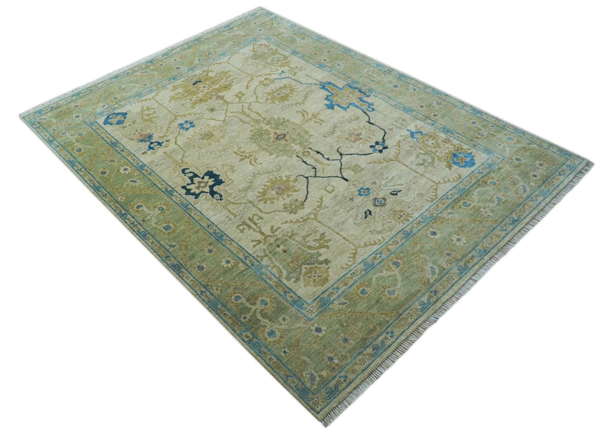 Custom Made Hand Knotted Beige and Blue Traditional Turkish Wool Rug