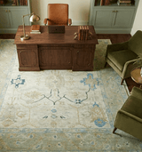 Custom Made Hand Knotted Beige and Blue Traditional Turkish Wool Rug