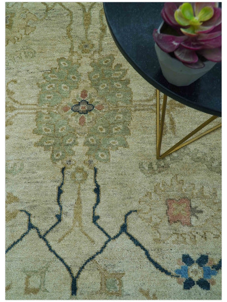 Custom Made Hand Knotted Beige and Blue Traditional Turkish Wool Rug