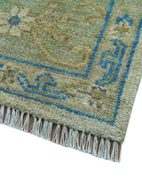 Custom Made Hand Knotted Beige and Blue Traditional Turkish Wool Rug