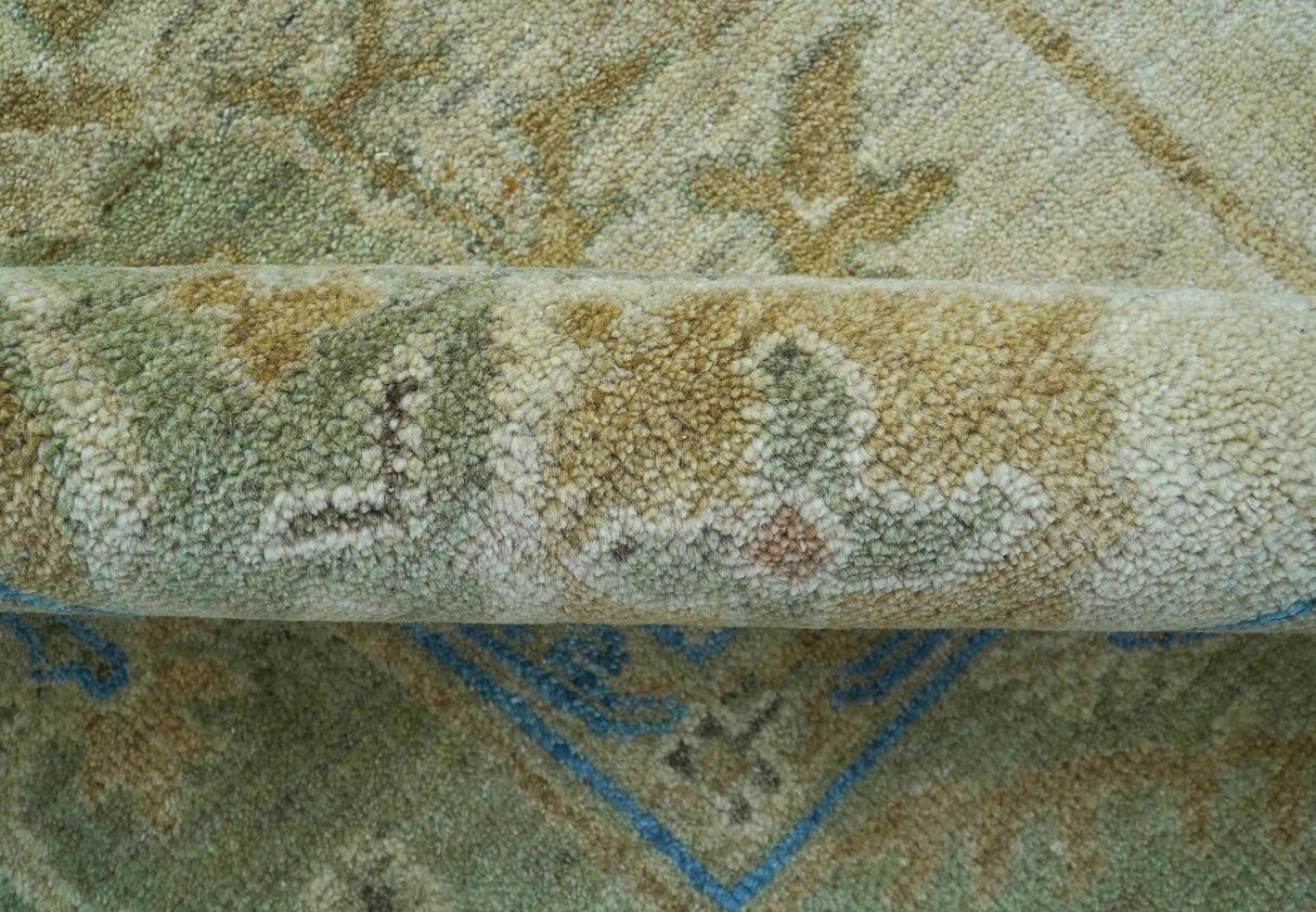Custom Made Hand Knotted Beige and Blue Traditional Turkish Wool Rug