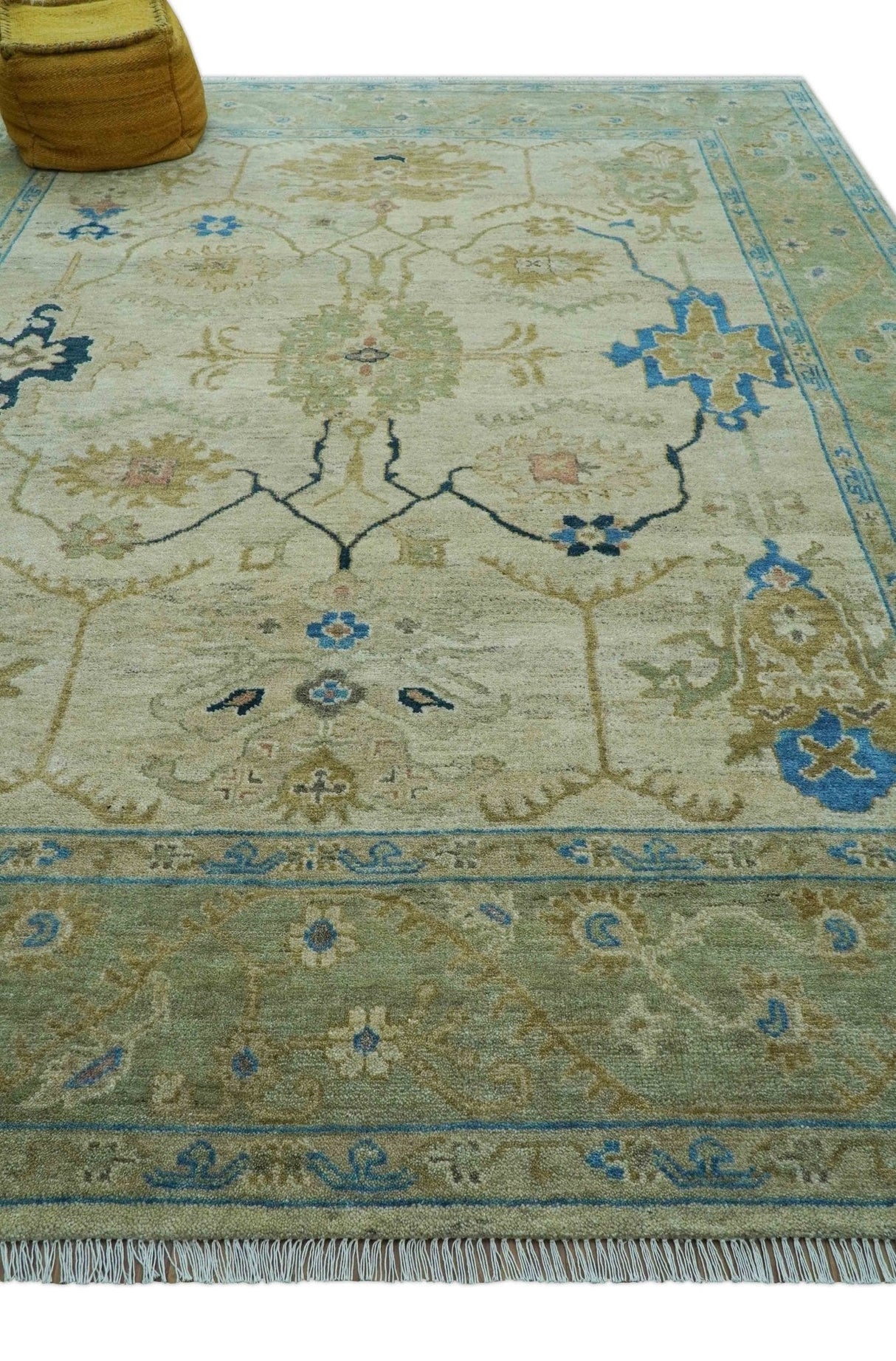 Custom Made Hand Knotted Beige and Blue Traditional Turkish Wool Rug
