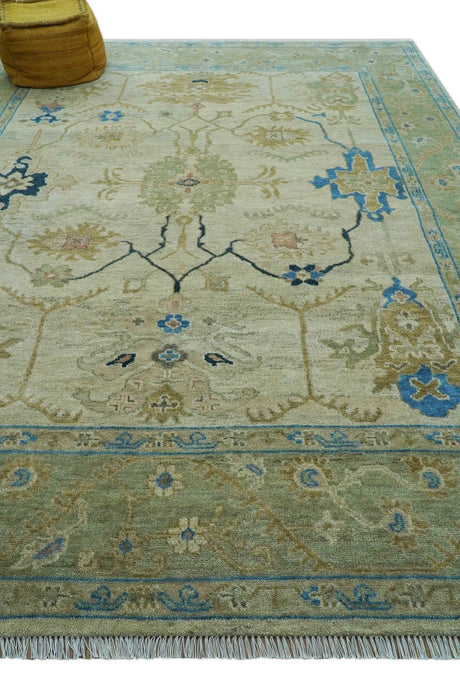 Custom Made Hand Knotted Beige and Blue Traditional Turkish Wool Rug