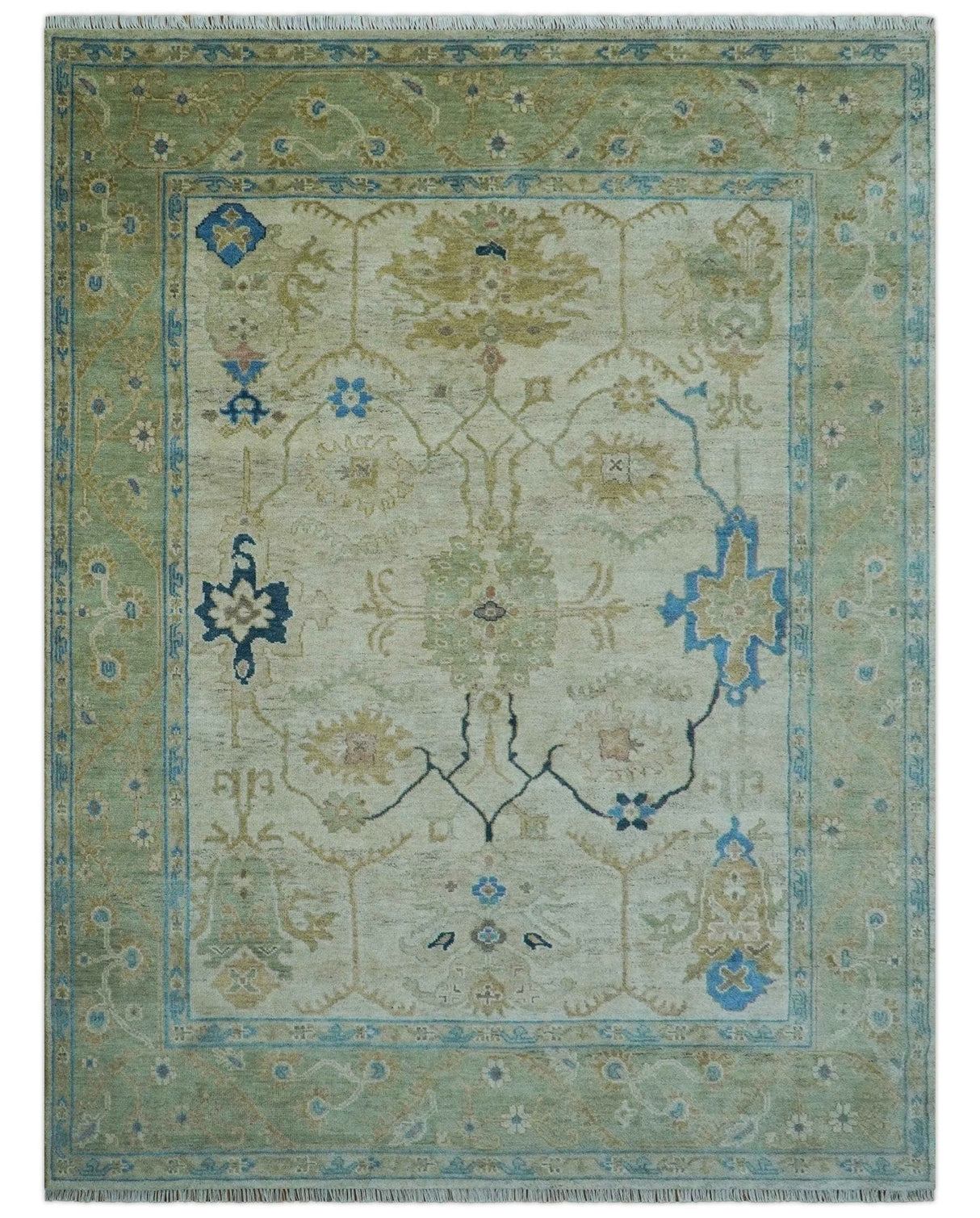 Custom Made Hand Knotted Beige and Blue Traditional Turkish Wool Rug