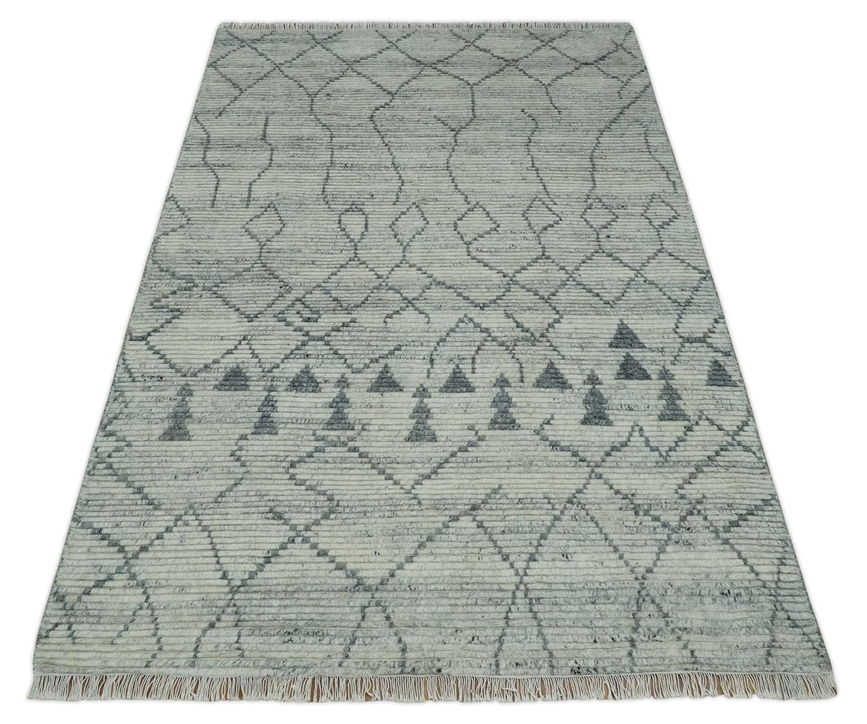 Custom Made Hand Knotted Beige And Gray Moroccan Trellis Blended Wool Rug