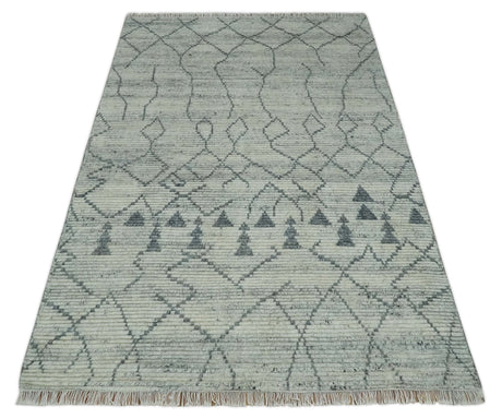 Custom Made Hand Knotted Beige And Gray Moroccan Trellis Blended Wool Rug