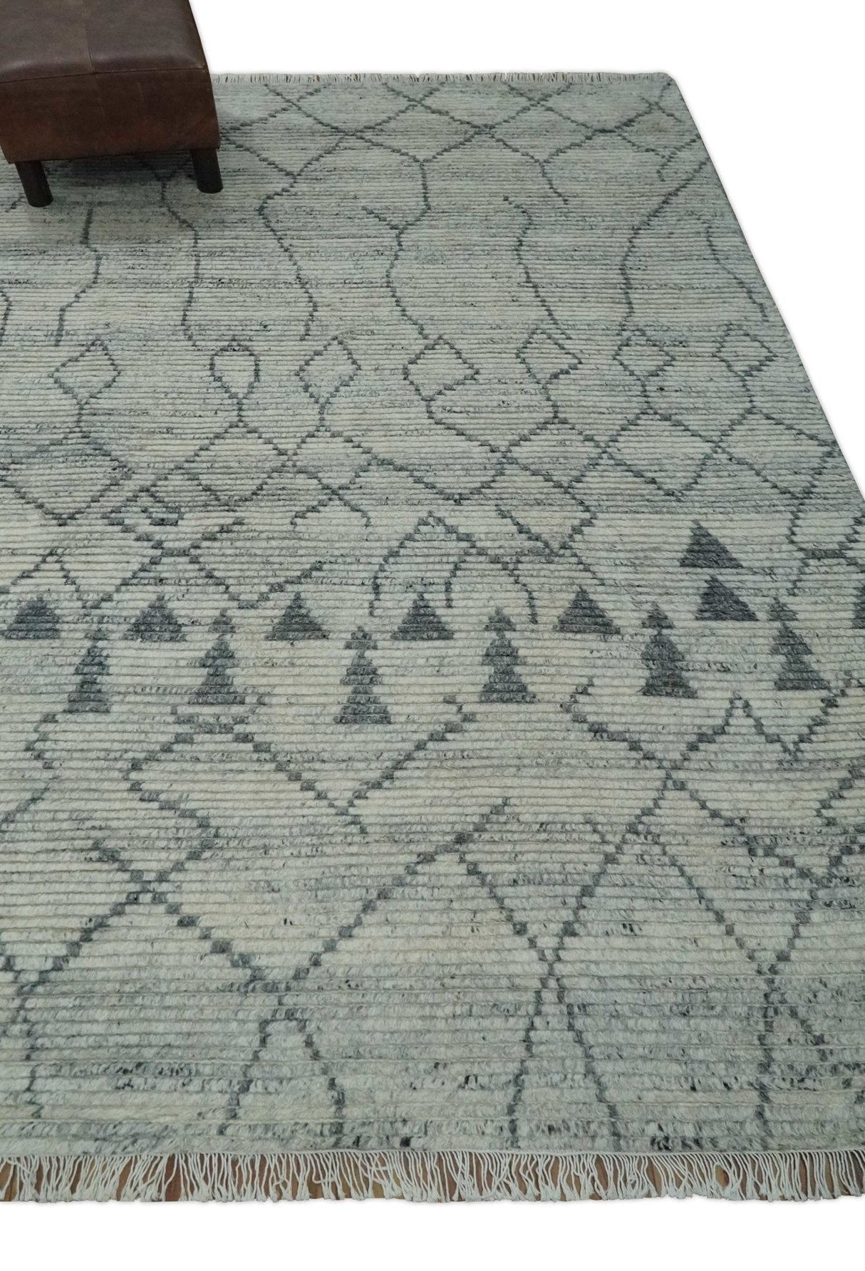 Custom Made Hand Knotted Beige And Gray Moroccan Trellis Blended Wool Rug