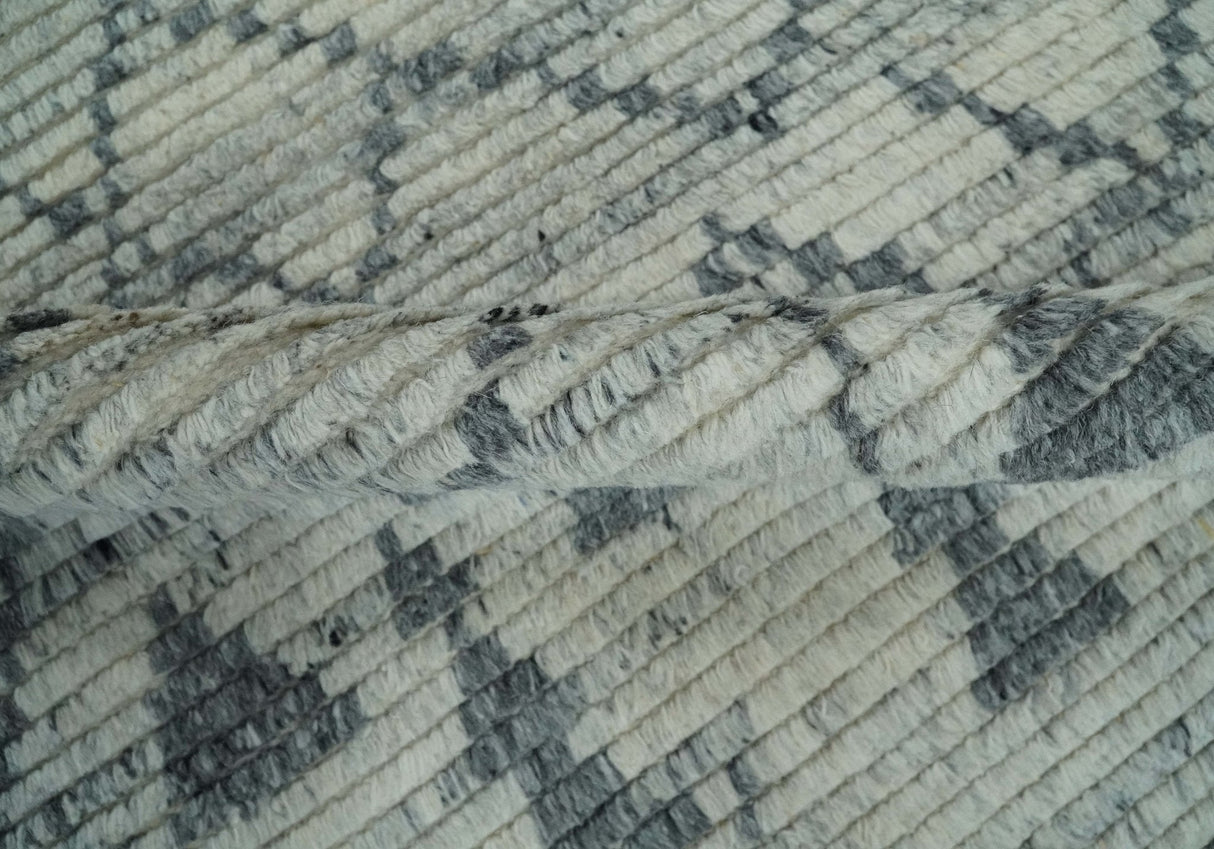 Custom Made Hand Knotted Beige And Gray Moroccan Trellis Blended Wool Rug