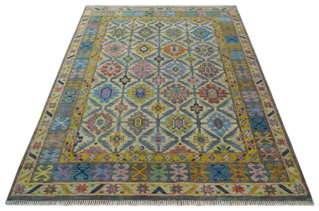 Custom Made Hand Knotted Beige, Gray and Mustard Oriental Multi Size Wool Area Rug