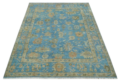 Custom Made Hand knotted Blue and Beige Traditional Oushak Wool Area Rug