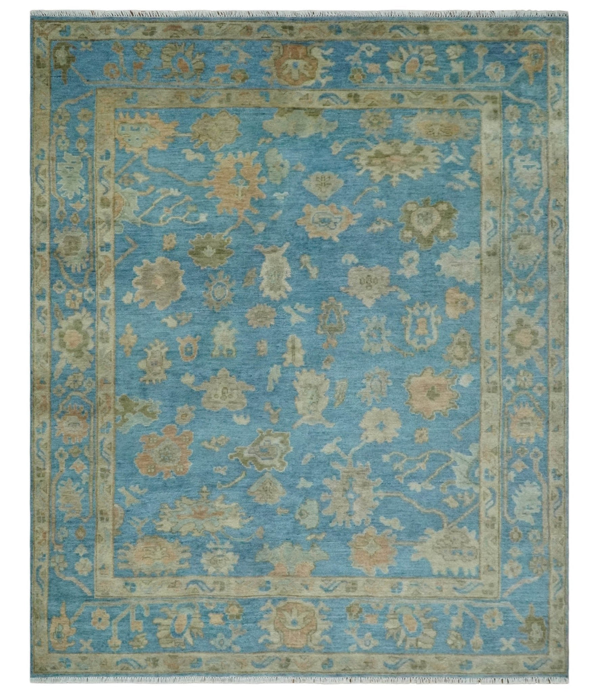 Custom Made Hand knotted Blue and Beige Traditional Oushak Wool Area Rug