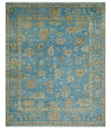Custom Made Hand knotted Blue and Beige Traditional Oushak Wool Area Rug
