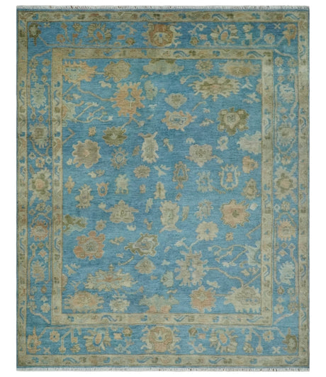 Custom Made Hand knotted Blue and Beige Traditional Oushak Wool Area Rug