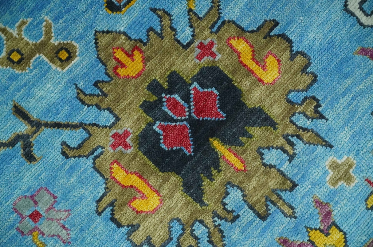 Custom Made Hand Knotted Blue and Ivory Traditional Oushak Wool Area Rug