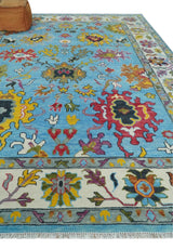 Custom Made Hand Knotted Blue and Ivory Traditional Oushak Wool Area Rug