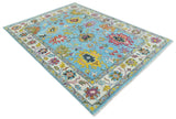 Custom Made Hand Knotted Blue and Ivory Traditional Oushak Wool Area Rug