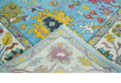 Custom Made Hand Knotted Blue and Ivory Traditional Oushak Wool Area Rug