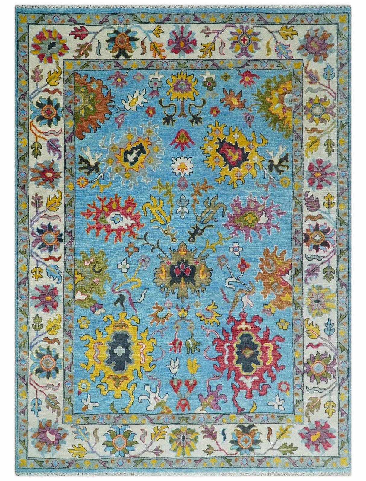 Custom Made Hand Knotted Blue and Ivory Traditional Oushak Wool Area Rug