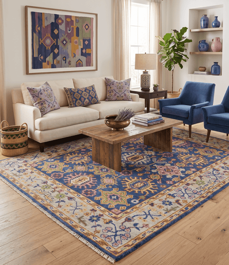 Custom Made Hand Knotted Blue, Gold and Beige Oriental Oushak wool Area Rug