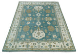 Custom Made Hand Knotted Blue, Ivory and Beige Traditional Oushak Wool Rug