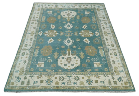 Custom Made Hand Knotted Blue, Ivory and Beige Traditional Oushak Wool Rug