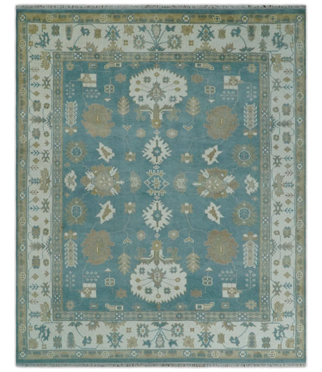 Custom Made Hand Knotted Blue, Ivory and Beige Traditional Oushak Wool Rug