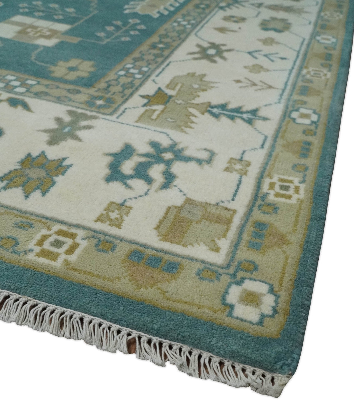 Custom Made Hand Knotted Blue, Ivory and Beige Traditional Oushak Wool Rug