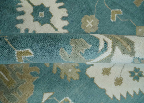 Custom Made Hand Knotted Blue, Ivory and Beige Traditional Oushak Wool Rug