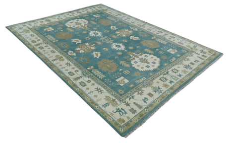 Custom Made Hand Knotted Blue, Ivory and Beige Traditional Oushak Wool Rug