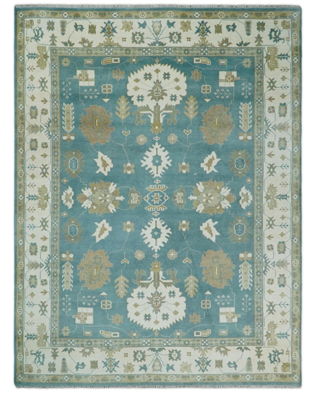 Custom Made Hand Knotted Blue, Ivory and Beige Traditional Oushak Wool Rug