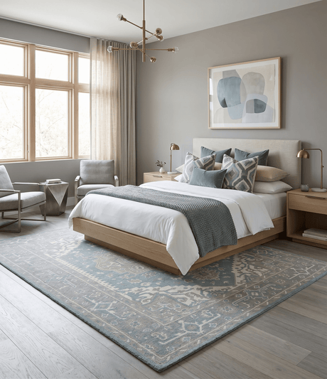 Custom Made Hand Knotted Blue, Ivory, Camel and Gray Traditional Heriz wool rug
