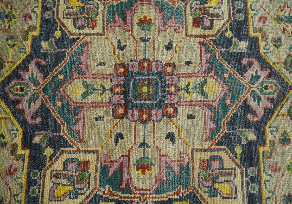 Custom Made Hand Knotted Camel and Charcoal Traditional Heriz Wool Rug