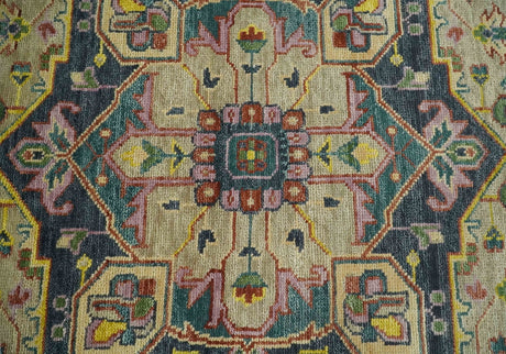 Custom Made Hand Knotted Camel and Charcoal Traditional Heriz Wool Rug