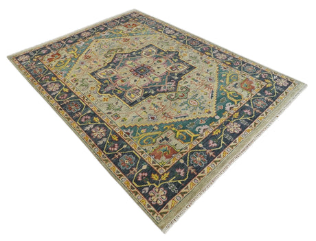 Custom Made Hand Knotted Camel and Charcoal Traditional Heriz Wool Rug