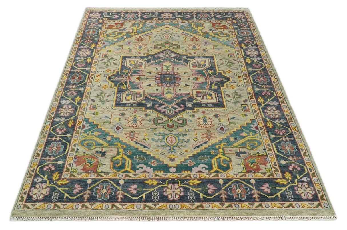 Custom Made Hand Knotted Camel and Charcoal Traditional Heriz Wool Rug