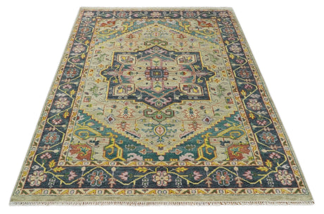 Custom Made Hand Knotted Camel and Charcoal Traditional Heriz Wool Rug