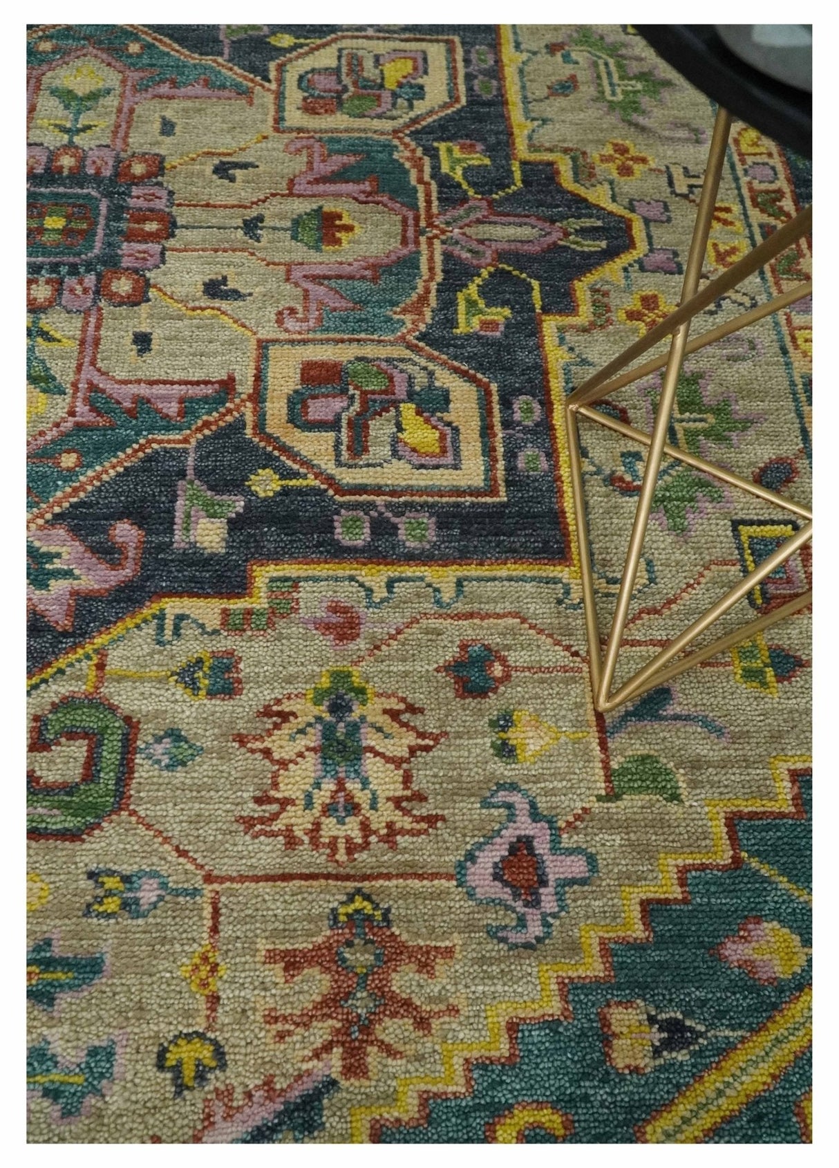 Custom Made Hand Knotted Camel and Charcoal Traditional Heriz Wool Rug