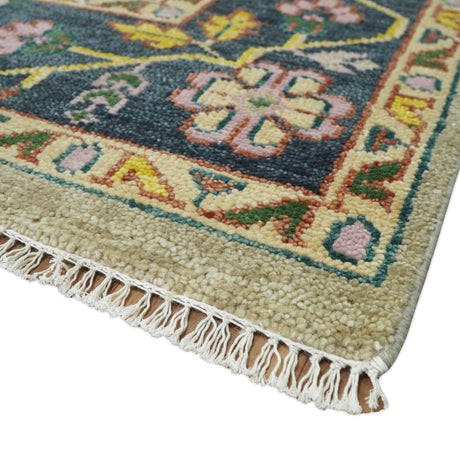 Custom Made Hand Knotted Camel and Charcoal Traditional Heriz Wool Rug