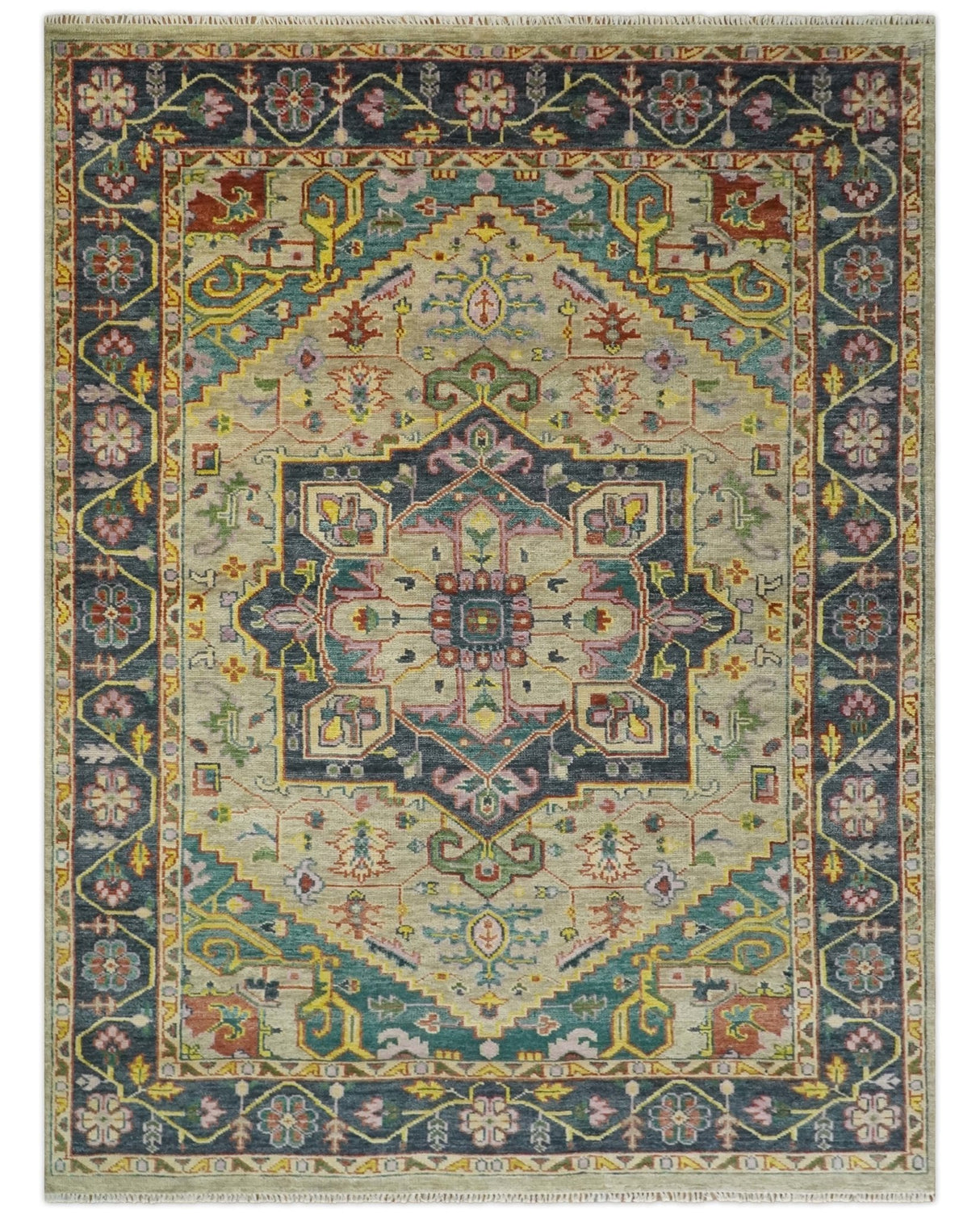 Custom Made Hand Knotted Camel and Charcoal Traditional Heriz Wool Rug