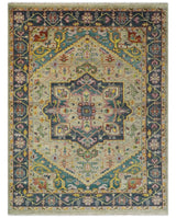 Custom Made Hand Knotted Camel and Charcoal Traditional Heriz Wool Rug