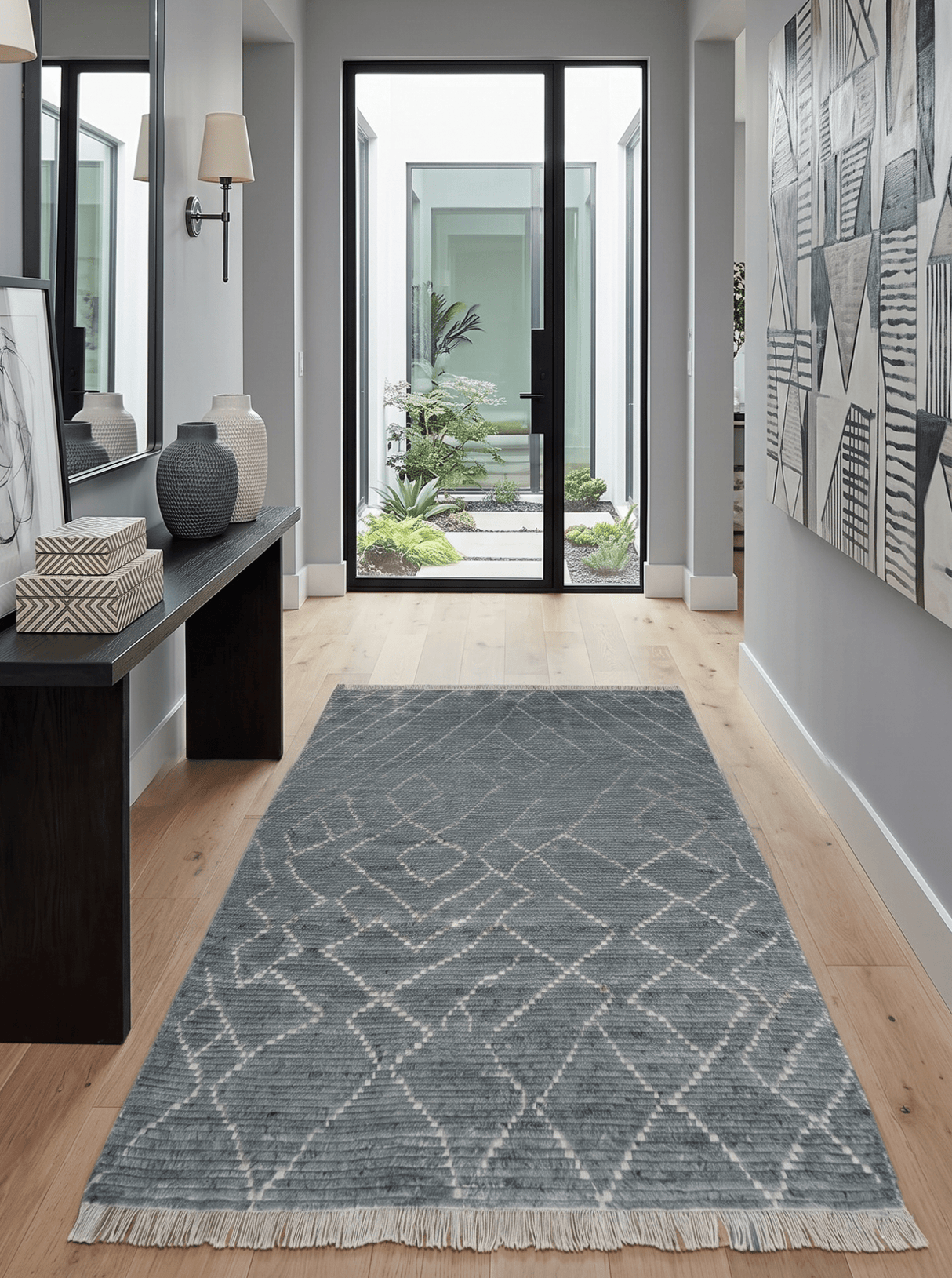 Custom Made Hand Knotted Charcoal and Ivory Moroccan Trellis Rug