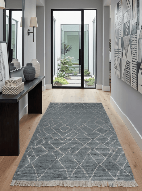 Custom Made Hand Knotted Charcoal and Ivory Moroccan Trellis Rug
