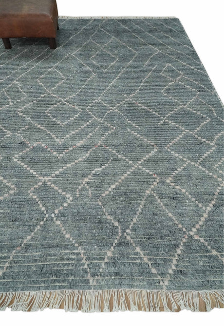 Custom Made Hand Knotted Charcoal and Ivory Moroccan Trellis Rug
