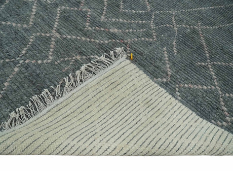 Custom Made Hand Knotted Charcoal and Ivory Moroccan Trellis Rug