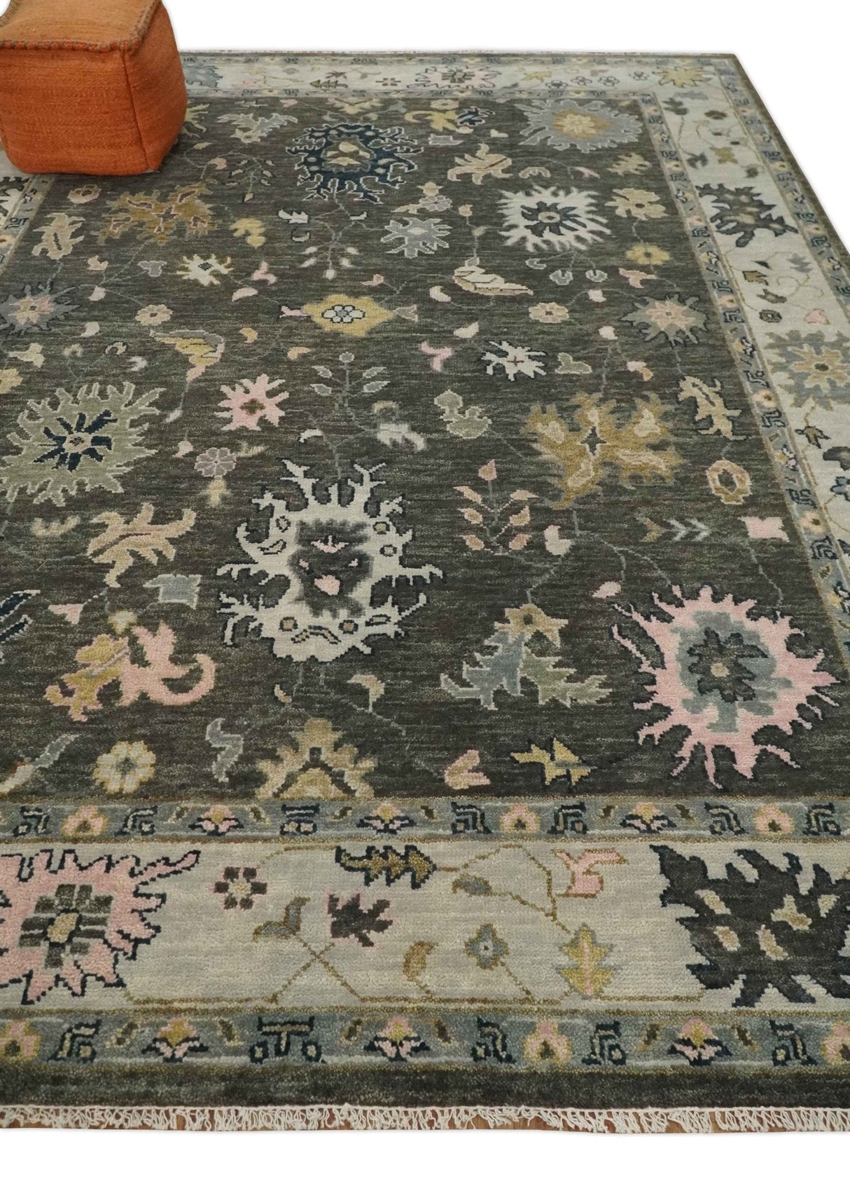 Custom Made Hand Knotted Dark Gray and Beige Traditional Wool Rug